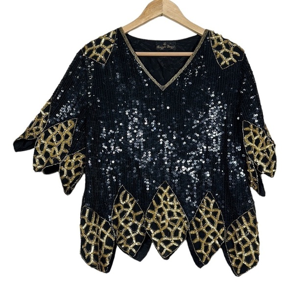 Razzle Dazzle Top Blouse Sequins Beaded Black Gold Preppy Cocktail Party Size 14 - Picture 1 of 6